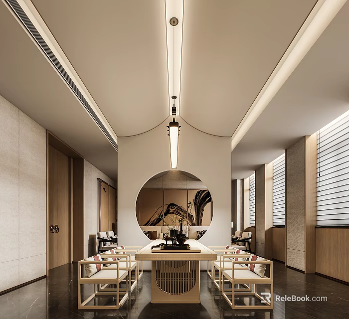 Elegant Traditional Chinese Teahouse Interior With Circular Painting Wooden Tables Chairs And Hanging Lamps 3d model 