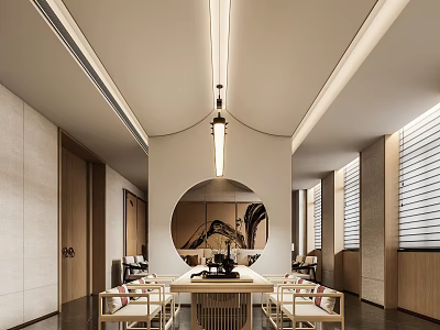 Elegant Traditional Chinese Teahouse Interior With Circular Painting Wooden Tables Chairs And Hanging Lamps 3d model