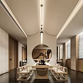 Elegant Traditional Chinese Teahouse Interior With Circular Painting Wooden Tables Chairs And Hanging Lamps