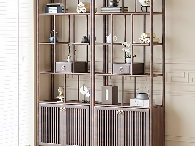 Chinese Style Wooden Display Shelf With Books Scrolls Vases And Decorative Items 3d model