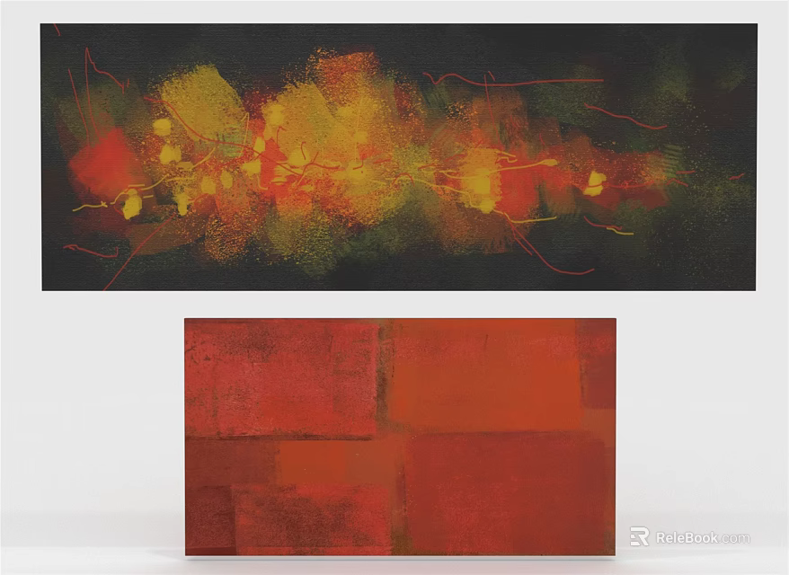 Modern Abstract Paintings With Vibrant Red Yellow Orange Tones And Geometric Patterns 3d model 