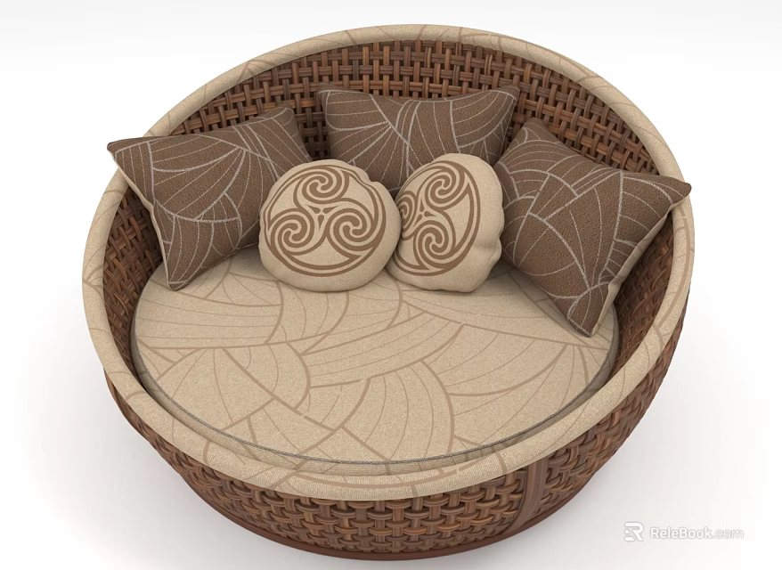 Comfortable Round Lazy Sofa With Woven Rattan Frame Beige Cushion And Patterned Pillows 3d model 