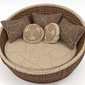 Comfortable Round Lazy Sofa With Woven Rattan Frame Beige Cushion And Patterned Pillows 3d model