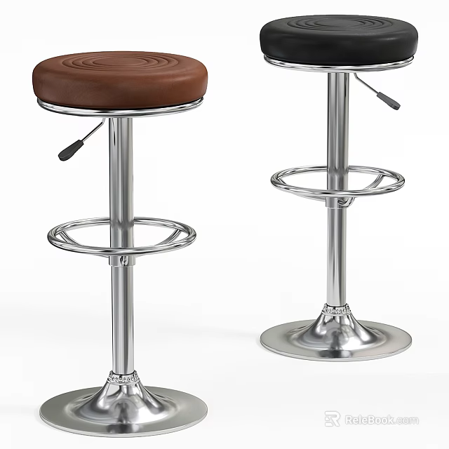 Modern Adjustable Bar Stools With Brown And Black Leather Seats And Metal Bases 3d model 