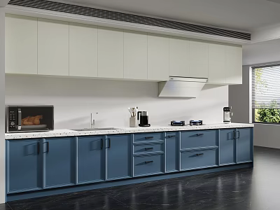 Modern Kitchen Interior Featuring Light Blue Base Cabinets White Wall Cabinets And Appliances 3d model