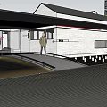 Modern Building Entrance Gate With Canopy Ramp And Decorative Lighting White Wall Black Roof