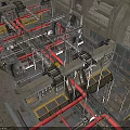 Industrial Facility Interior with Red Pipes Metal Structures and Yellow Grilles