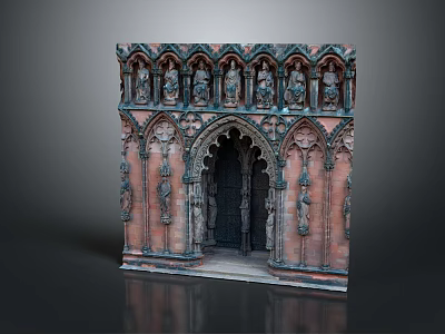 Gothic Building With Reddish Brown Brick Walls Arched Doorway And Carved Stone Figures 3d model