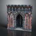 Gothic Building With Reddish Brown Brick Walls Arched Doorway And Carved Stone Figures