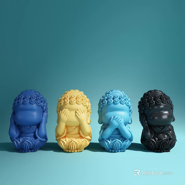 Colorful Buddha Sculptures With Hand Covering Face On Lotus Base Blue Background 3d model 