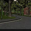 Garden Landscape with Lush Trees Green Grass Lamp Posts Red Brick Building and Curved Path