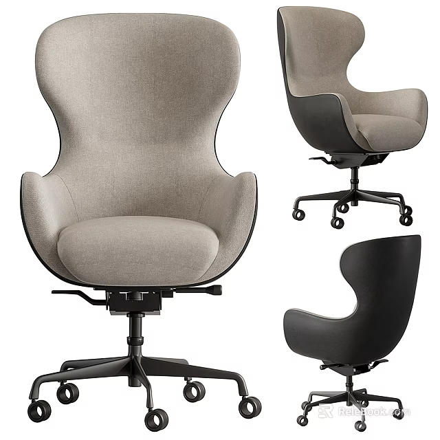 Modern Office Chair with Curved Backrest Light Gray Upholstery and Black Rolling Base 3d model 