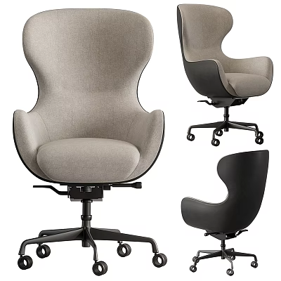 Modern Office Chair with Curved Backrest Light Gray Upholstery and Black Rolling Base 3d model