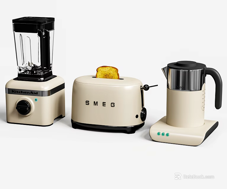 SMEG Cream Colored Kitchen Appliances Including Blender Toaster And Kettle 3d model 