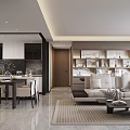 Modern Living and Dining Room Interior With Sofa Coffee Table Dining Table And Decorative Shelves
