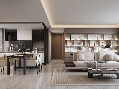 Modern Living and Dining Room Interior With Sofa Coffee Table Dining Table And Decorative Shelves 3d model