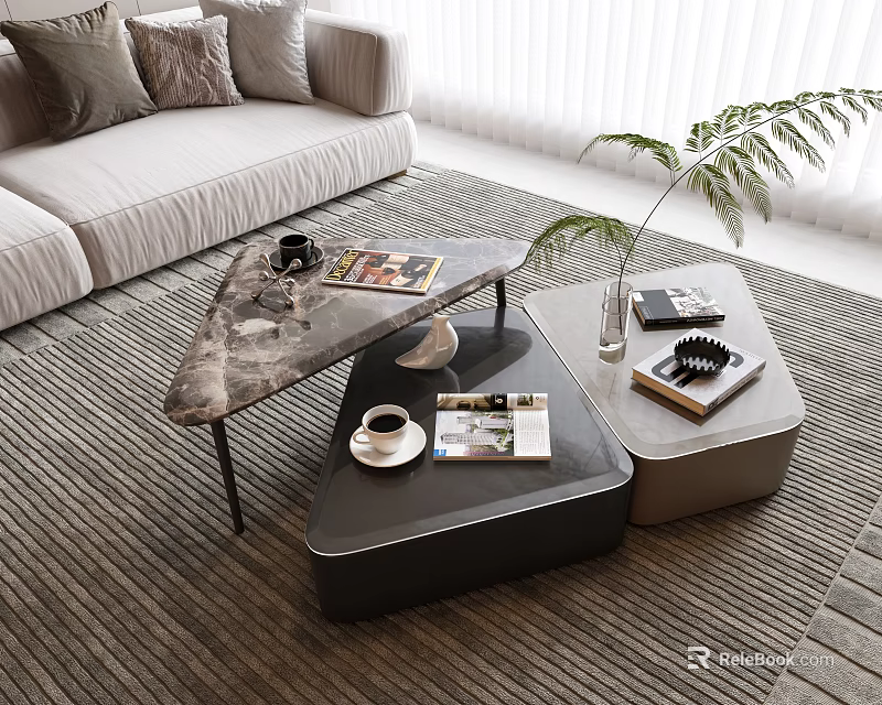 Modern Combination Coffee Tables With Magazines Coffee Cup And Plant In Living Room 3d model 