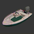 Small Recreational Motorboat With Outboard Motor White Hull Blue Trim And Green Deck Mat