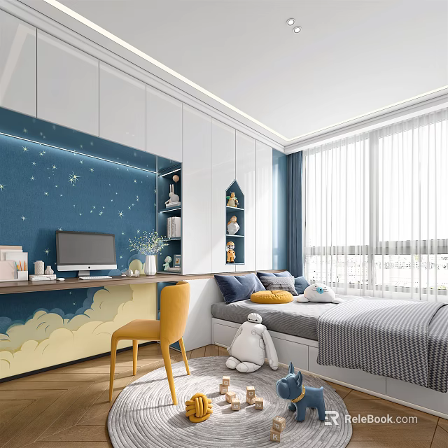 Tatami Bedroom Interior With Blue Starry Wallpaper Cloud Patterns Desk And Yellow Chair 3d model 