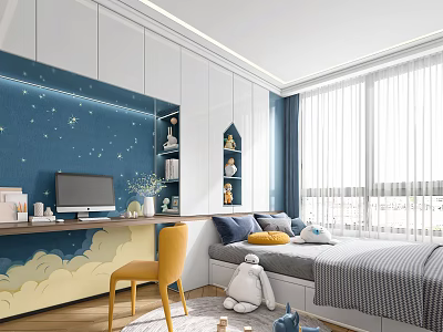 Tatami Bedroom Interior With Blue Starry Wallpaper Cloud Patterns Desk And Yellow Chair 3d model
