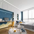 Tatami Bedroom Interior With Blue Starry Wallpaper Cloud Patterns Desk And Yellow Chair