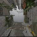 Abandoned Industrial Alley With Brick Walls Exposed Pipes And Climbing Vines