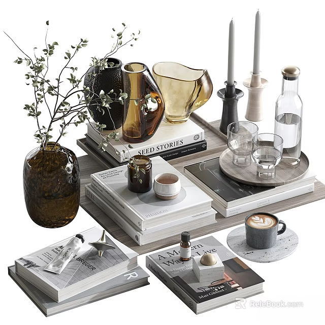 Modern Decorative Ornament Combination With Vases Candles Glasses And Stacked Books On Tray 3d model 