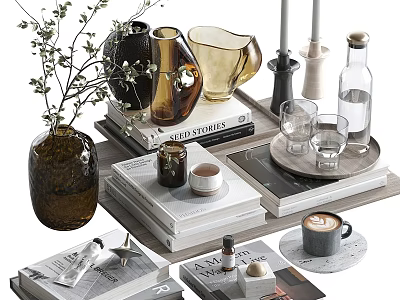 Modern Decorative Ornament Combination With Vases Candles Glasses And Stacked Books On Tray 3d model