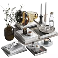 Modern Decorative Ornament Combination With Vases Candles Glasses And Stacked Books On Tray