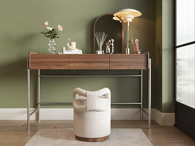 Wooden Dresser in Green Wall Interior With Table Lamp Mirror and Bow Detail Stool 3d model
