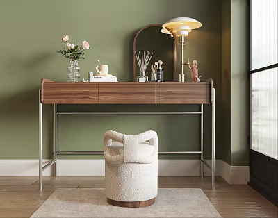 Wooden Dresser in Green Wall Interior With Table Lamp Mirror and Bow Detail Stool 3d model