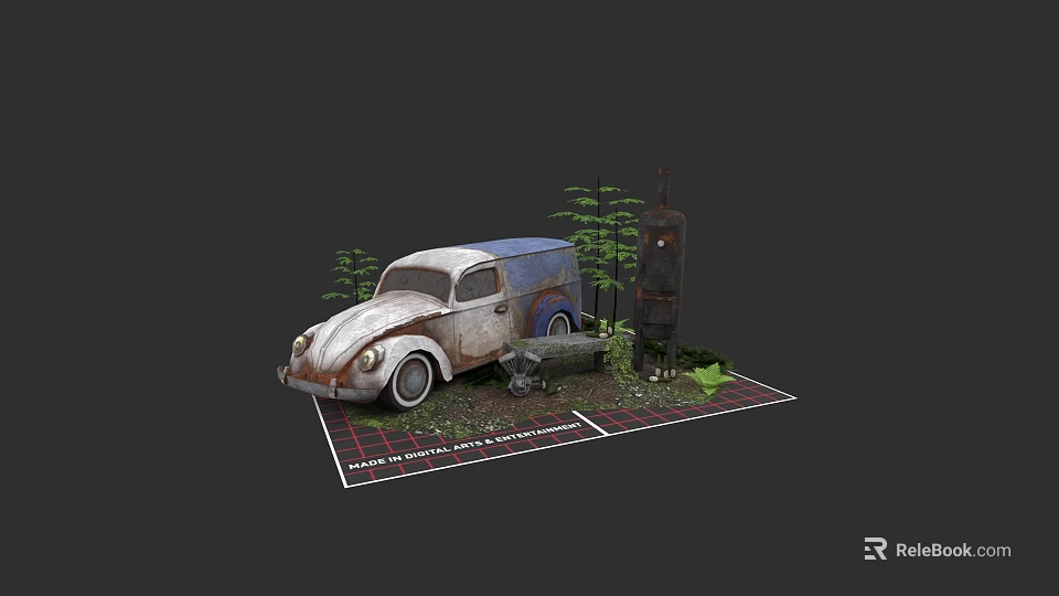 Vintage Plant Painting Featuring Old Volkswagen Beetle Rusty Gas Pump Green Plants Small Bench 3d model 