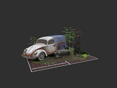 Vintage Plant Painting Featuring Old Volkswagen Beetle Rusty Gas Pump Green Plants Small Bench 3d model