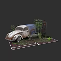 Vintage Plant Painting Featuring Old Volkswagen Beetle Rusty Gas Pump Green Plants Small Bench