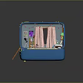 Cartoon Scene Inside Blue Suitcase with Pink Bed Purple Pillow Striped Curtains Furniture and Toys