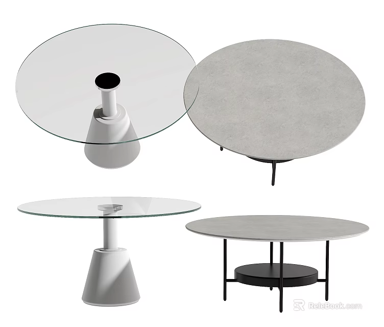 Round Coffee Tables Featuring Glass And Gray Tops With Different Base Styles 3d model