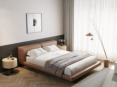 Modern Leather Double Bed with Bedside Table Decorative Painting and White Curtains 3d model