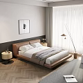 Modern Leather Double Bed with Bedside Table Decorative Painting and White Curtains