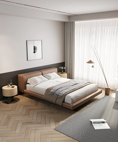 Modern Leather Double Bed with Bedside Table Decorative Painting and White Curtains 3d model
