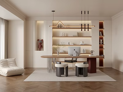 Modern Study Room With Wooden Desk Computer Setup Built In Bookshelves And Pendant Lighting 3d model