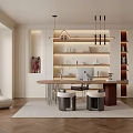 Modern Study Room With Wooden Desk Computer Setup Built In Bookshelves And Pendant Lighting
