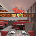 Red Restaurant Interior With Hanging Pendant Lights And Stylish Wall Decor 3d model