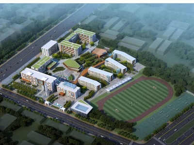 Modern School Building Complex With Green Roofs Sports Field And Surrounding Trees 3d model