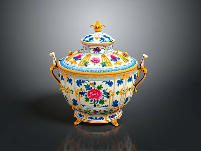 Ornate Ceramic Sculpture Featuring Colorful Floral Patterns And Golden Accents 3d model