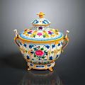 Ornate Ceramic Sculpture Featuring Colorful Floral Patterns And Golden Accents