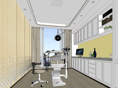 Bright Medical Treatment Room Interior With Treatment Chair Cabinets Computer And Window 3d model