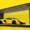 Yellow Sports Car In Modern Display Case With Yellow Background And Black Frame Lighting