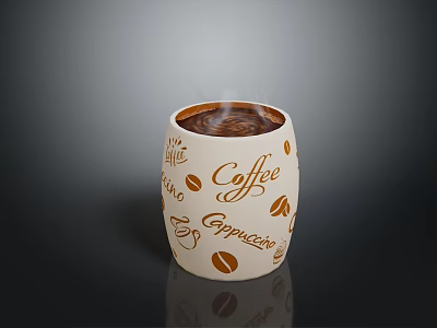 Steaming Coffee Drink In White Cup With Coffee Cappuccino Words And Bean Patterns 3d model