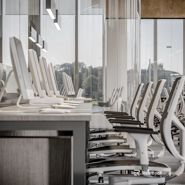 Bright Modern Public Office Space With Workstations Computers Ergonomic Chairs And Natural Light 3d model 