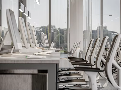 Bright Modern Public Office Space With Workstations Computers Ergonomic Chairs And Natural Light 3d model